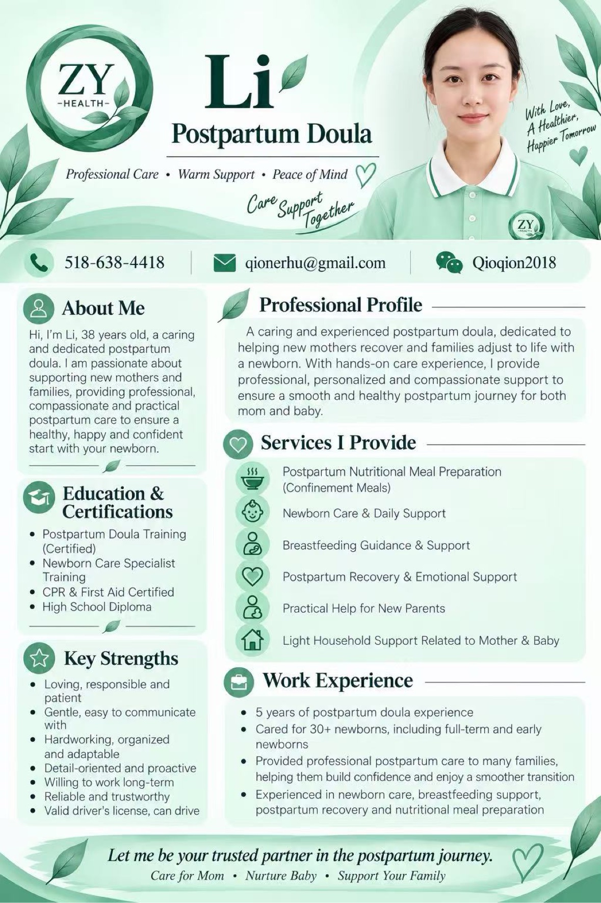 Full professional profile poster for Li, postpartum doula