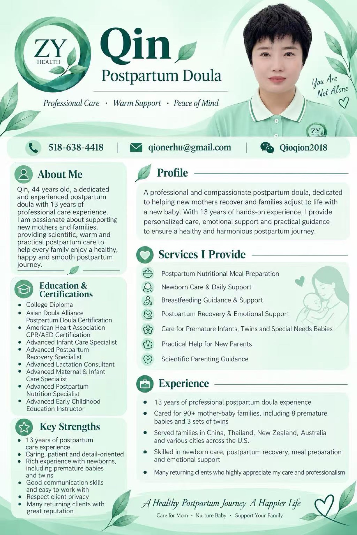 Full professional profile poster for Qin, postpartum doula