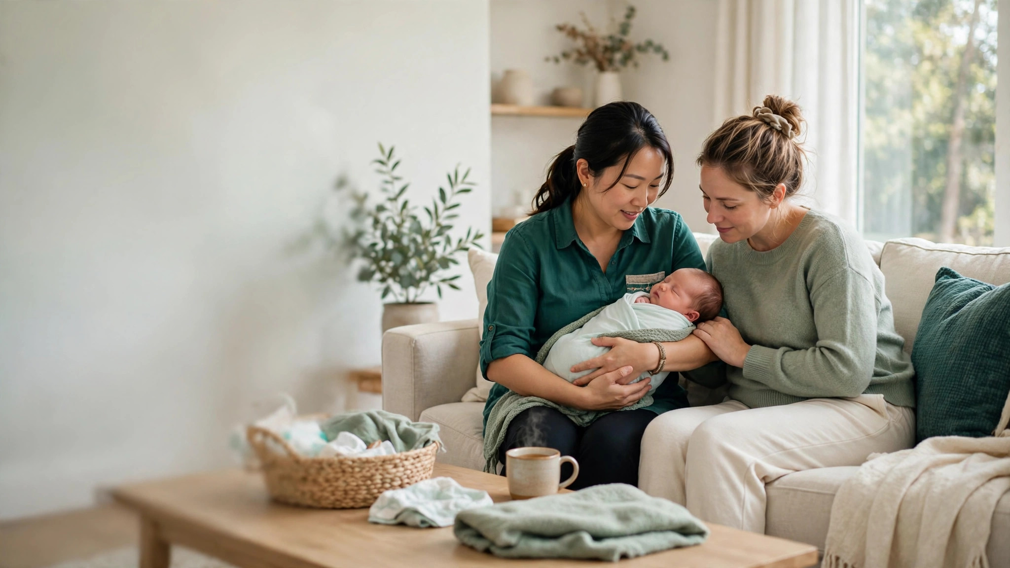 Postpartum doula caring for a newborn while supporting the mother at home